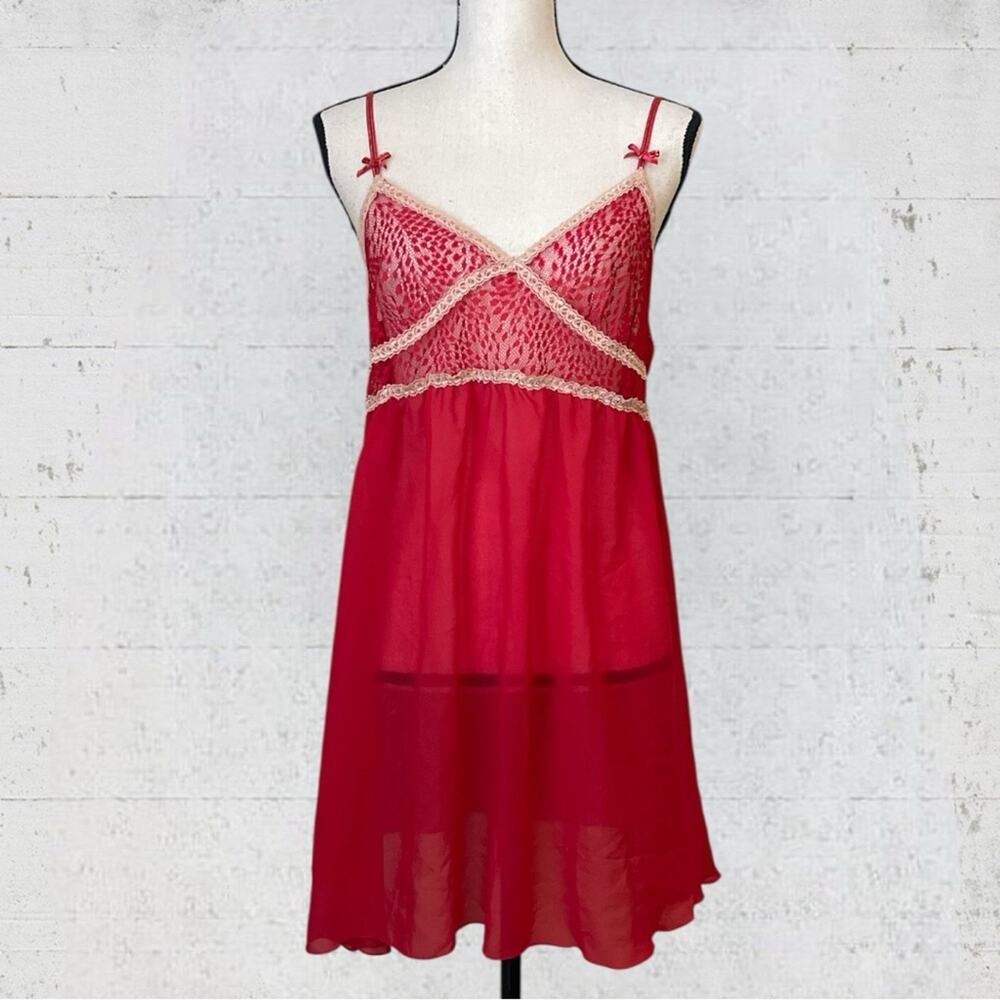 NWT Cosmopolitan Babydoll Cherry Red Lingerie Cami Nightie Sexy Bows Lacey Large